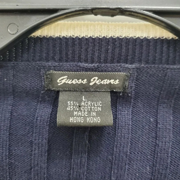 Guess Jeans Women's Vintage Navy Ivory‎ Preppy Ribbed V-neck Academia Sweater L - Picture 6 of 8